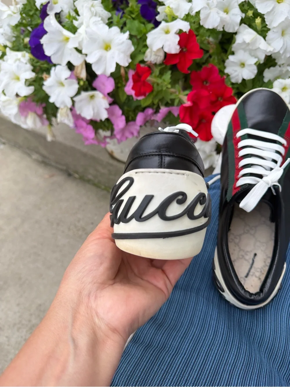 Black Leather Low-Top Sneakers with Red & Green Stripe